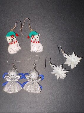 Vintage Earrings Cat, Snowflake & Angel Holiday set